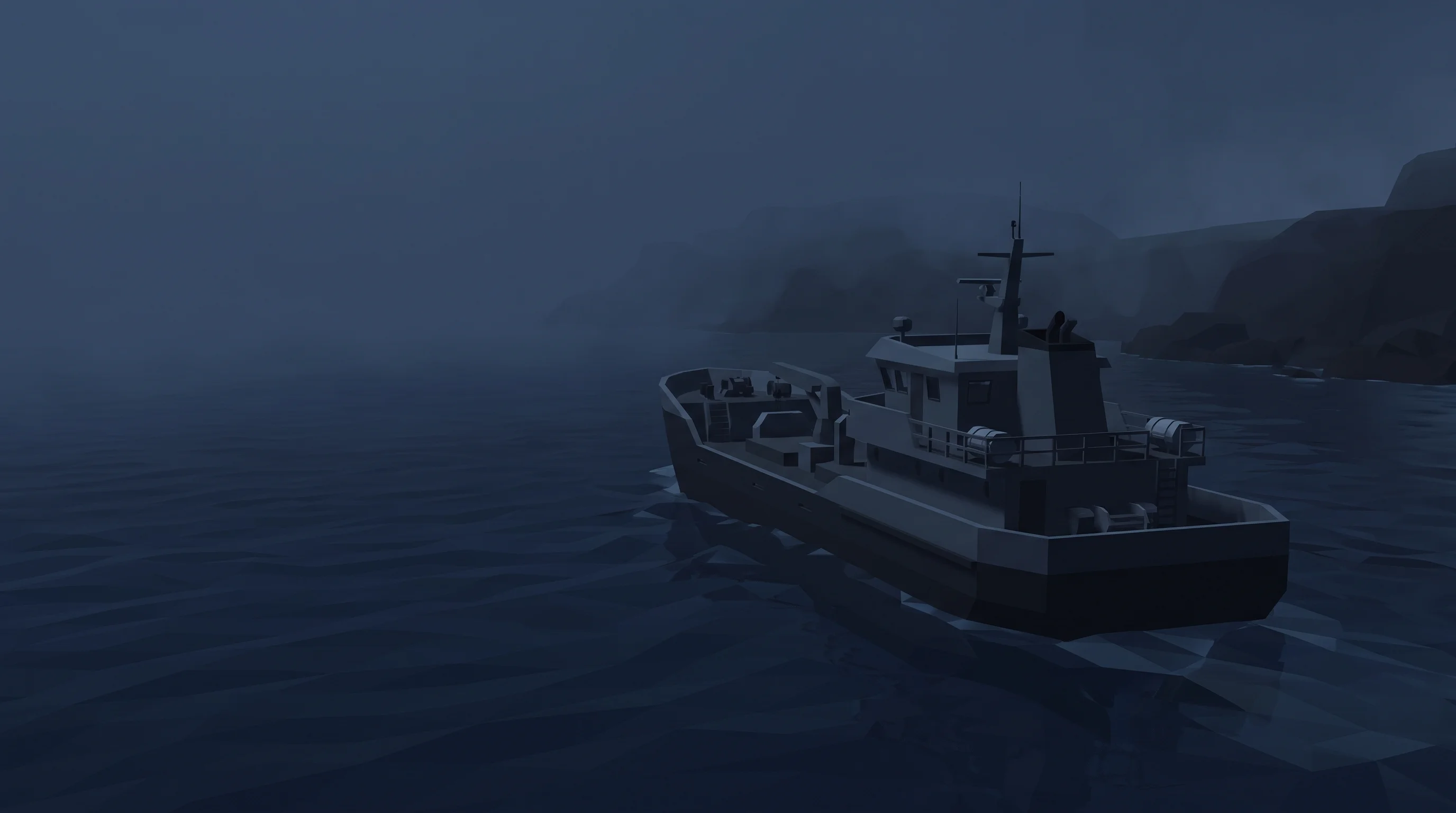 A lone fishing boat adrift in heavy fog at dusk.